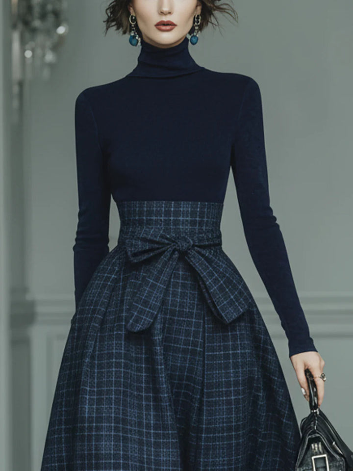 Dark blue turtleneck stretch top and plaid skirt set