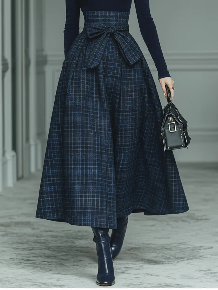 Dark blue turtleneck stretch top and plaid skirt set