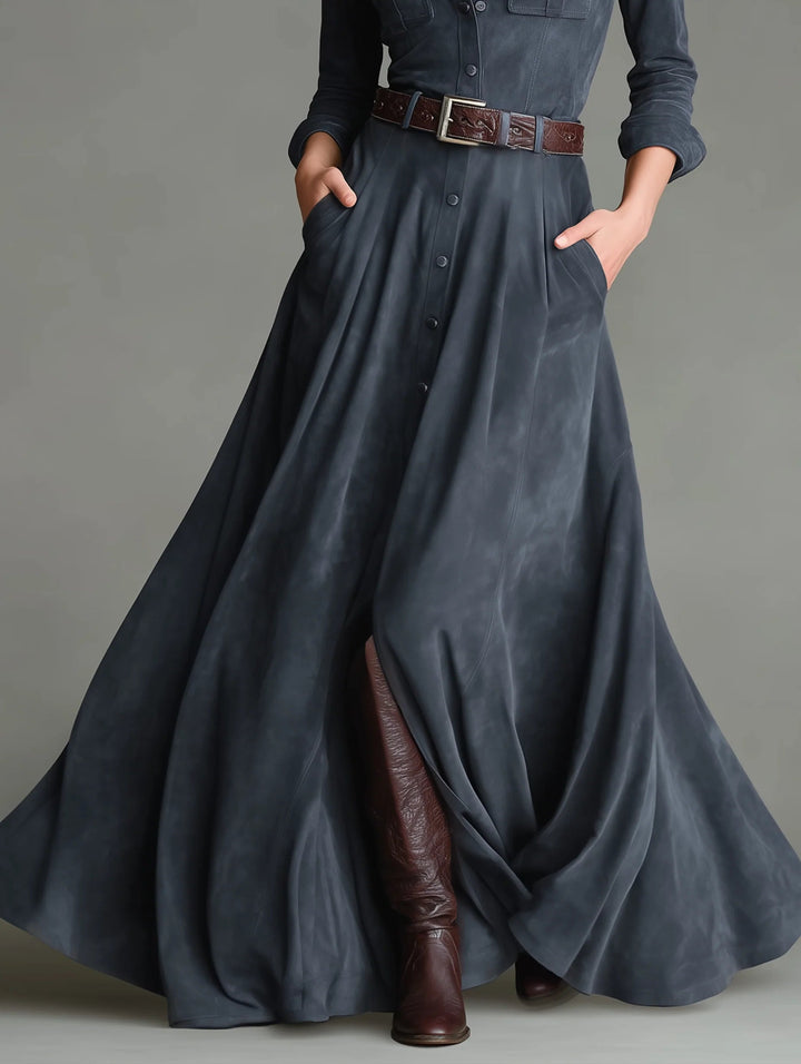 Faux Suede Shirt Collar Single-Breasted Belted Floor-Length Dress