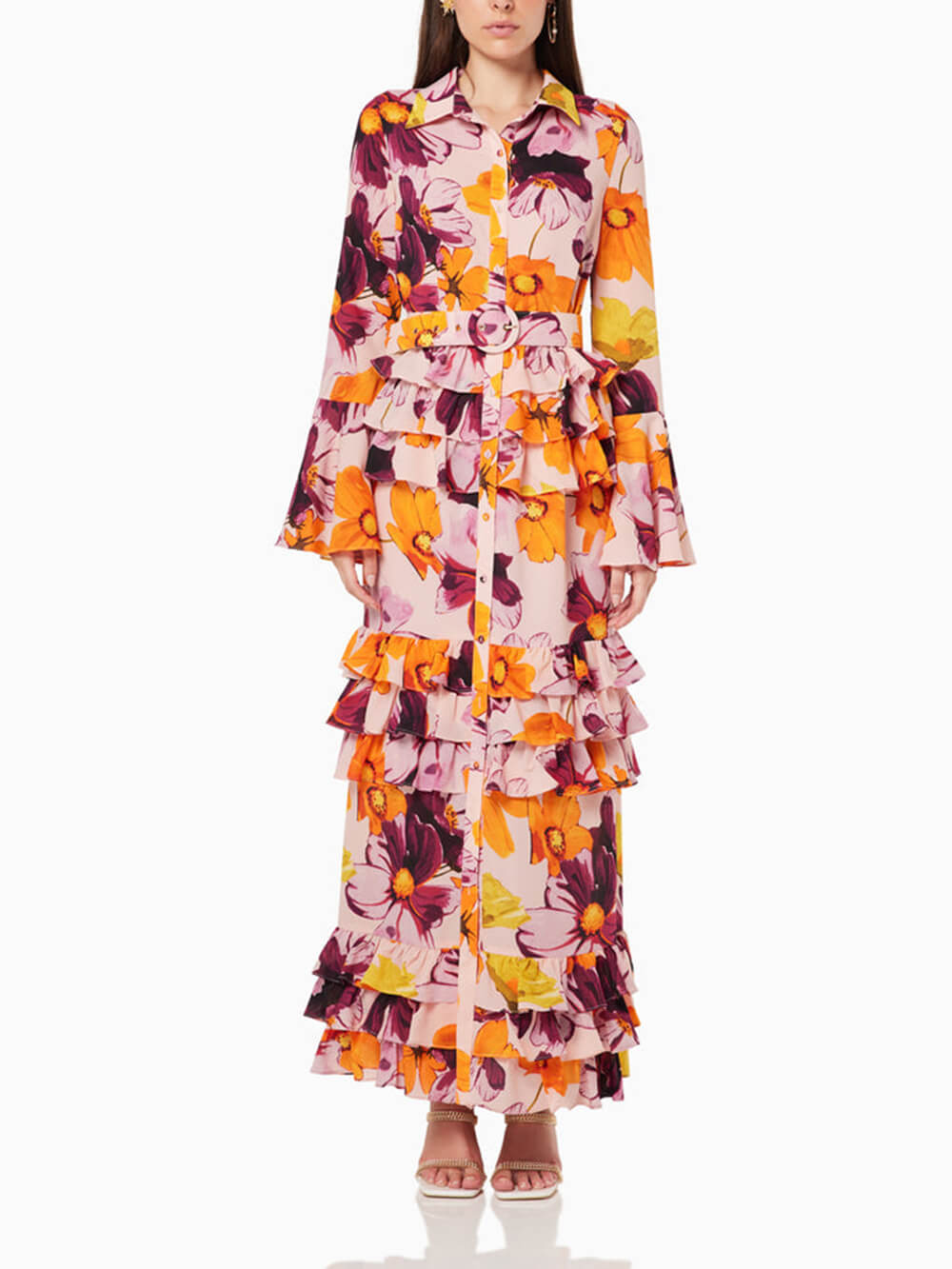 Rochie maxi camasa cu imprimeu floral cu volane