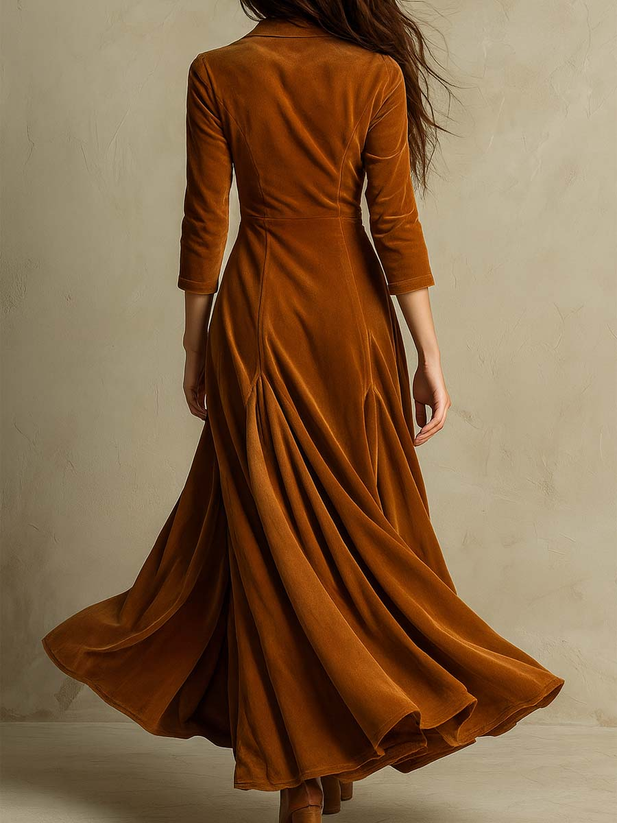 Brown Elegant Retro Suit Collar Velvet Long Dress – Boiilife