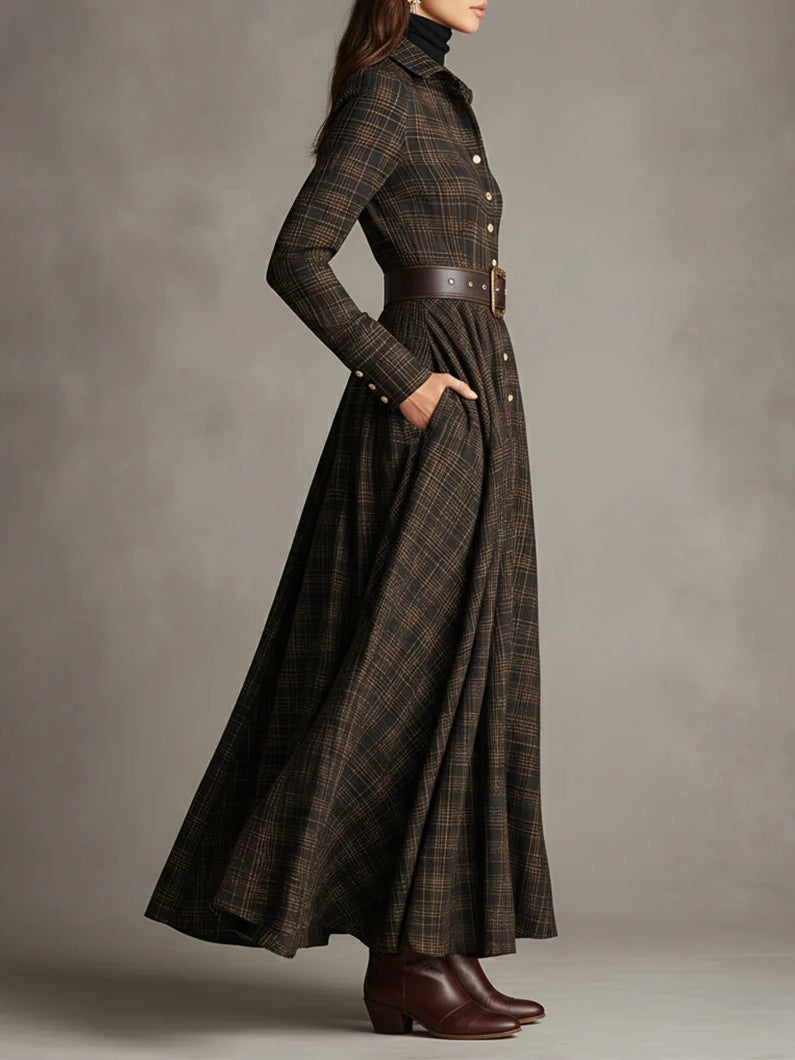 Plaid Lapel Single-Breasted Shirt Maxi Dress