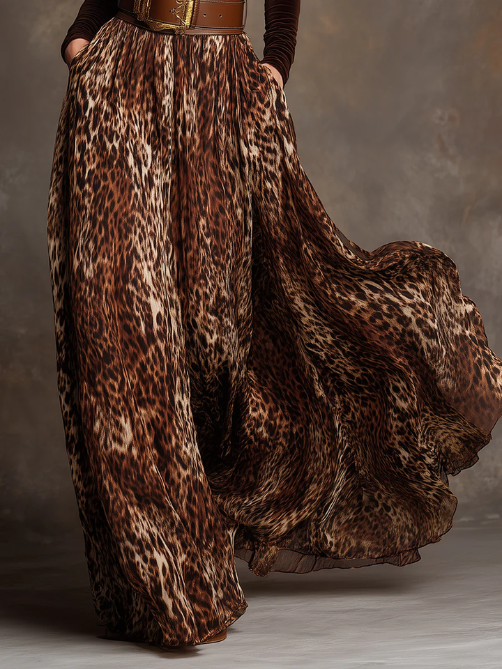 Elegant Velvet Turtleneck Top and Leopard Print Skirt Set