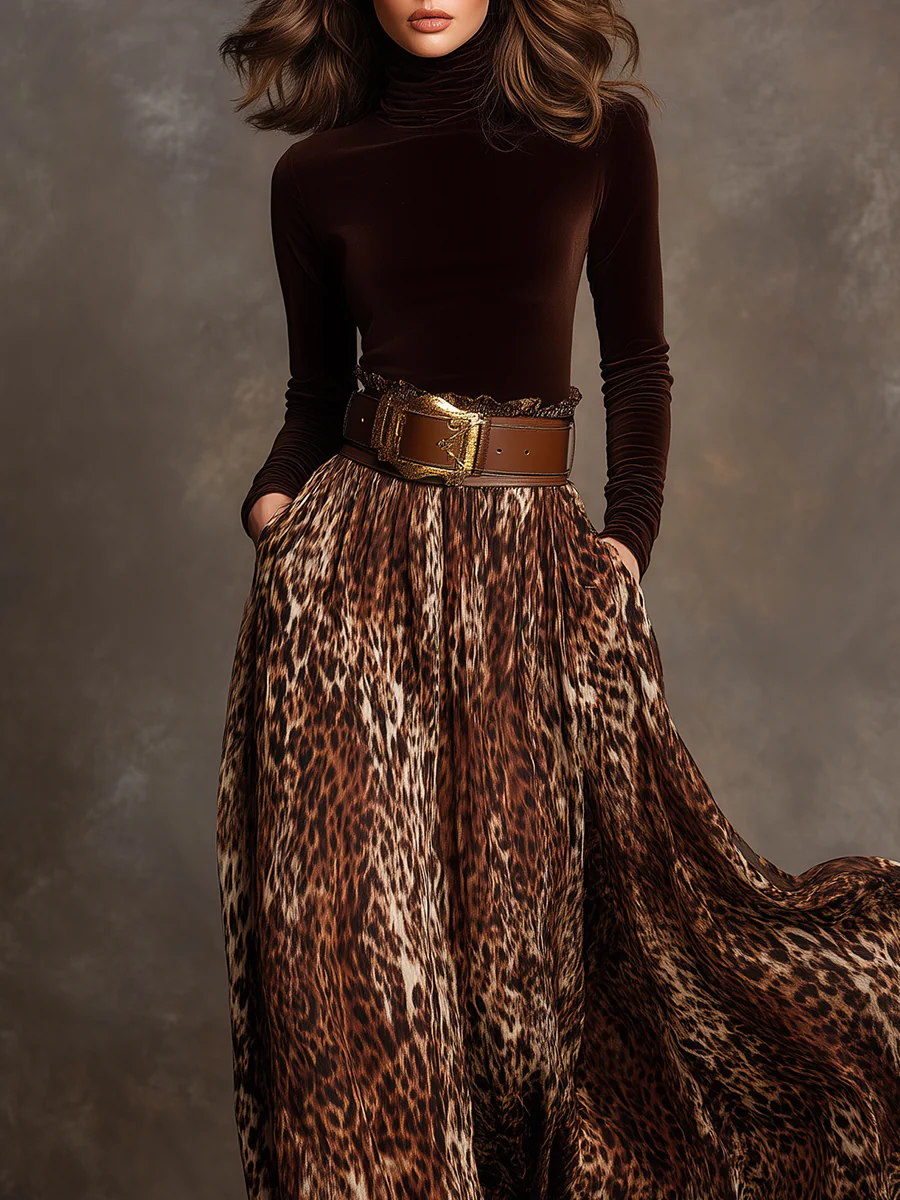 Elegant Velvet Turtleneck Top and Leopard Print Skirt Set