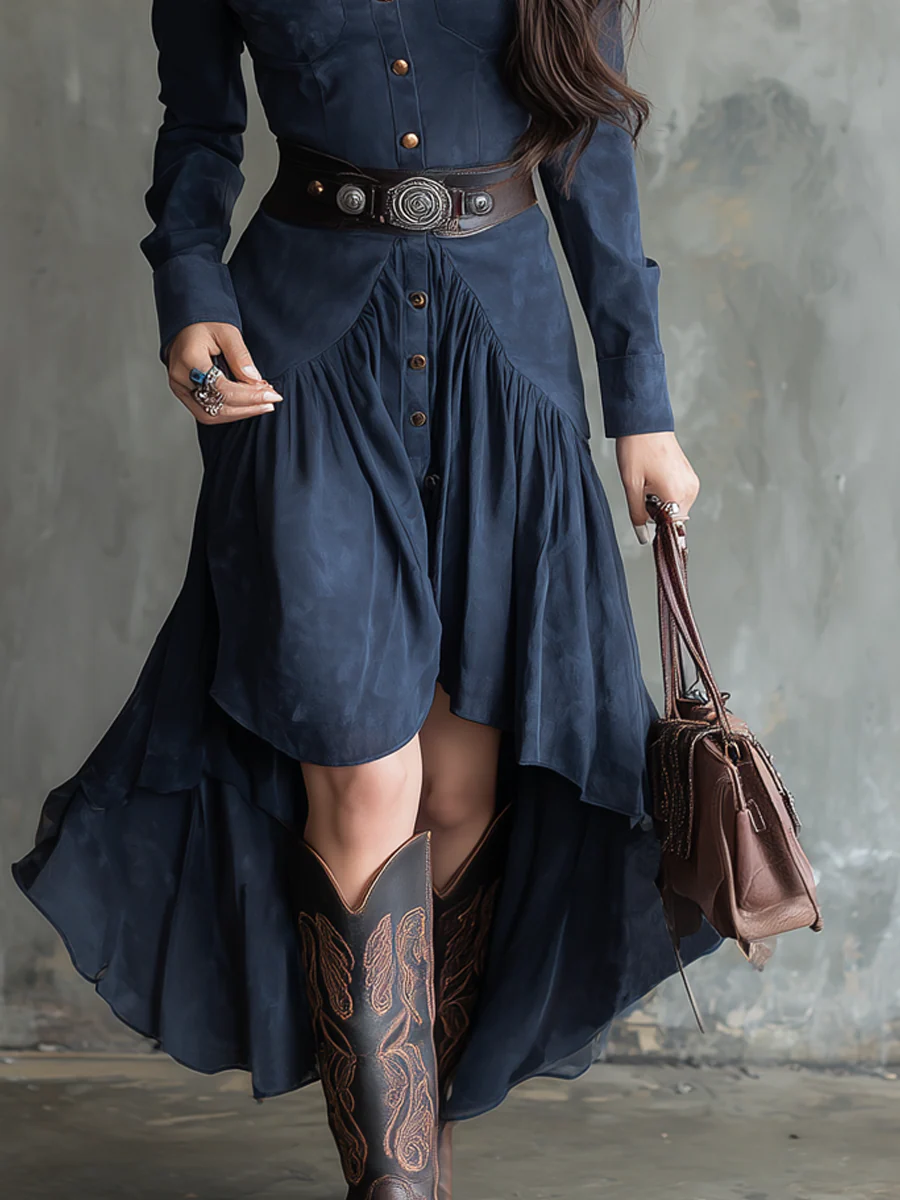 Retro Blue Lapel Button Pocket Irregular Flowy Midi Dress