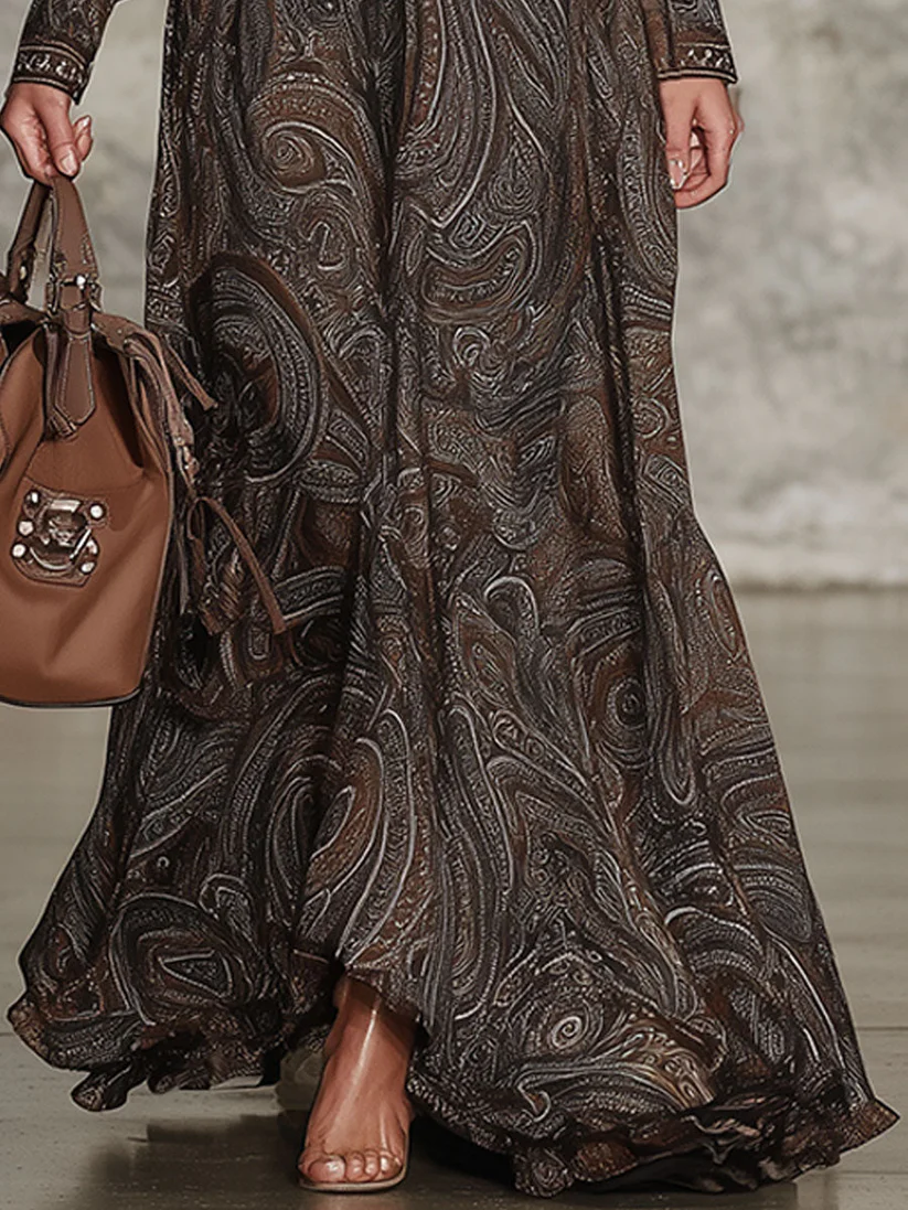 Elegant Vintage Paisley Zip Maxi Dress