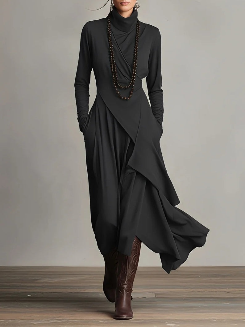 V-neck Appliqued 3/4 Sleeves Asymmetrical Dress Daffodil