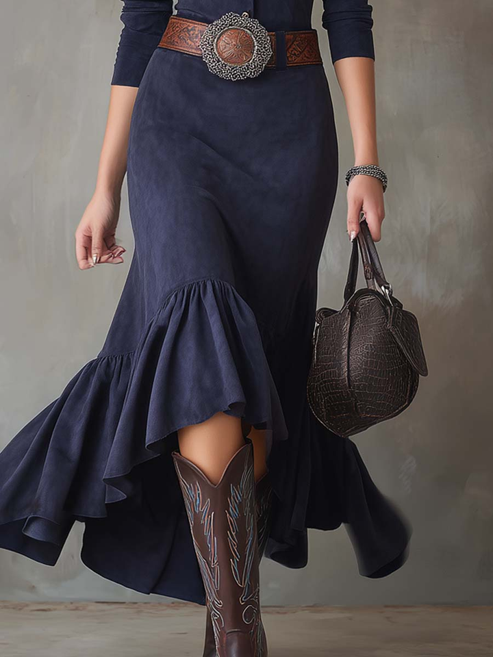 Navy Blue Stand-up Collar Button High-low Hem Maxi Dress