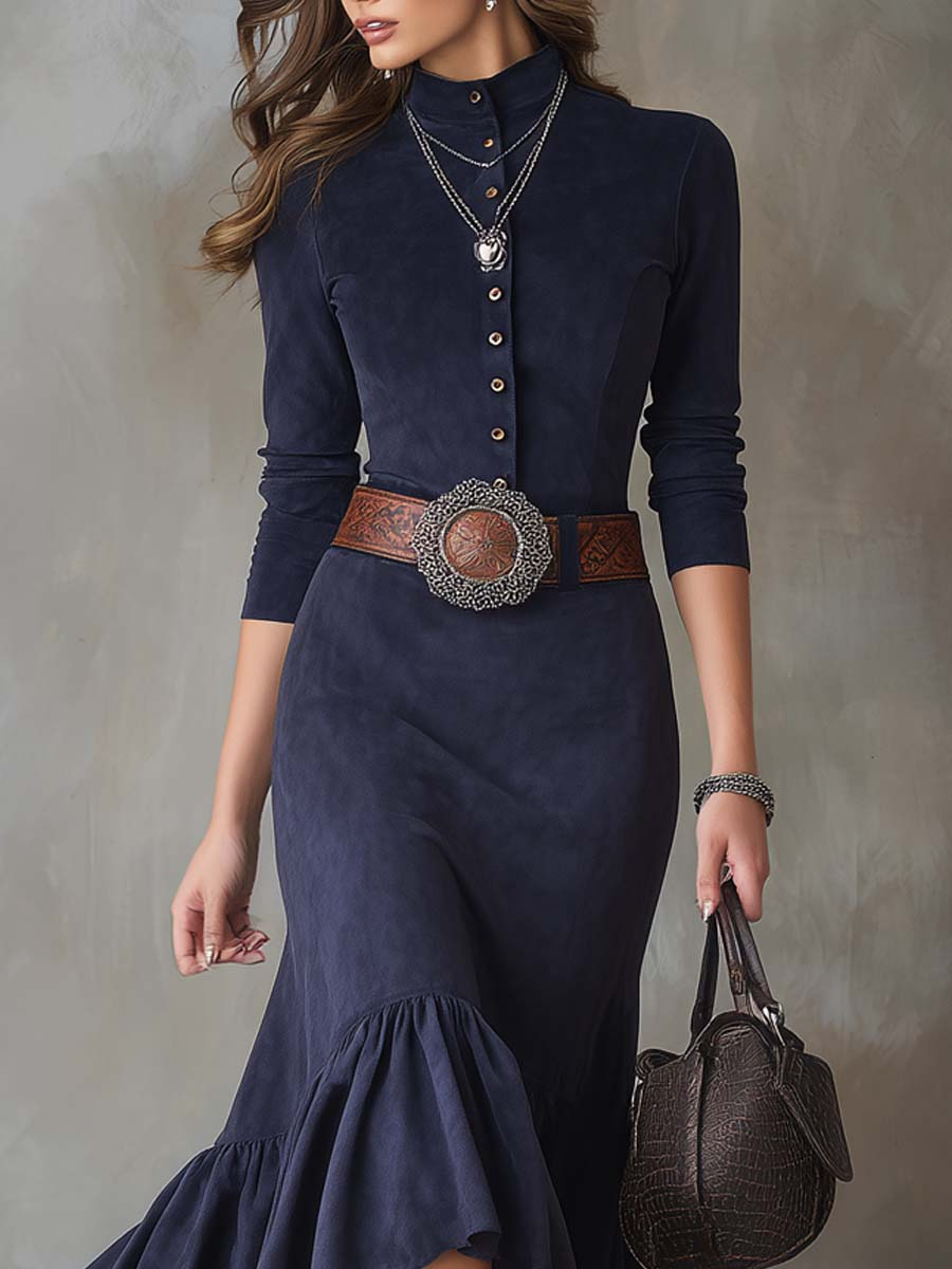 Navy Blue Stand-up Collar Button High-low Hem Maxi Dress