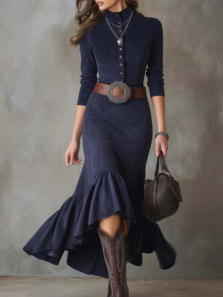Navy Blue Stand-up Collar Button High-low Hem Maxi Dress
