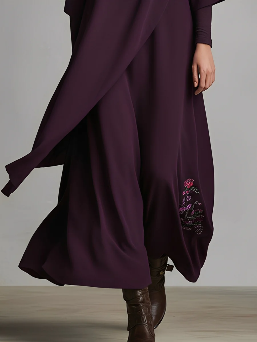 Dark Purple High-neck Embroidered Asymmetrical Pleated Maxi Dress
