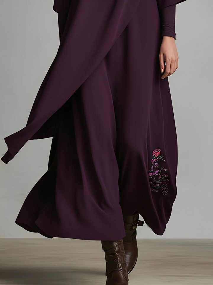 Dark Purple High-neck Embroidered Asymmetrical Pleated Maxi Dress