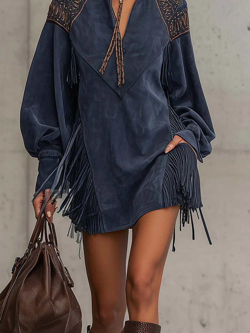 Indigo Faux Suede Embroidered Tassel Mini Dress