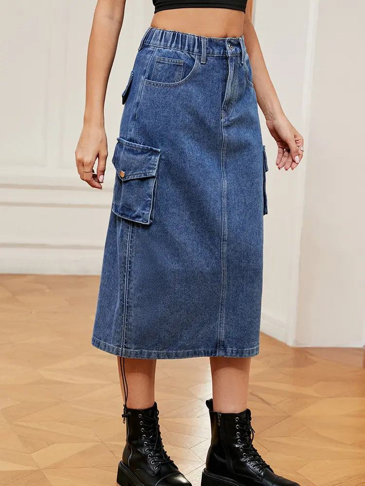 Utility denim midi-nederdel
