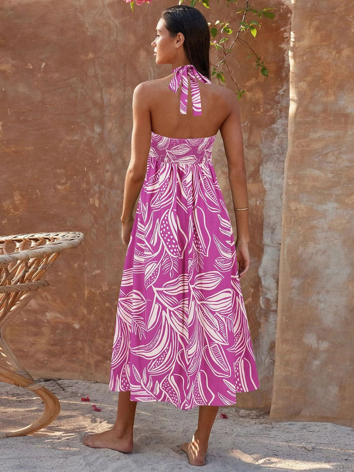 Loral Print Halter Maxi Dress-Pink