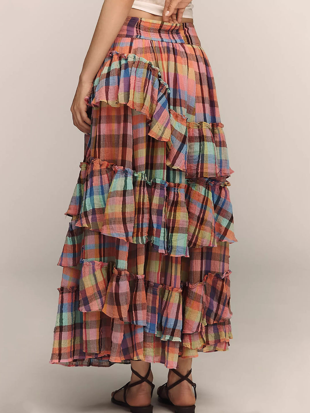 Plaid Ruffled Tiered Asymmetrical Maxi Skirt
