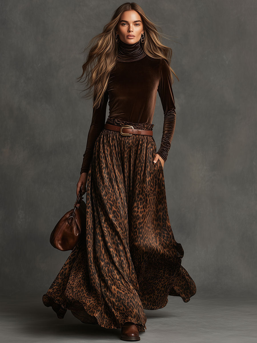 Ensemble vintage avec haut en velours à col roulé et jupe imprimée léopard