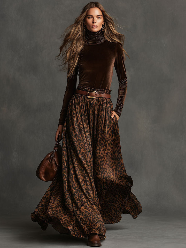 Ensemble vintage avec haut en velours à col roulé et jupe imprimée léopard
