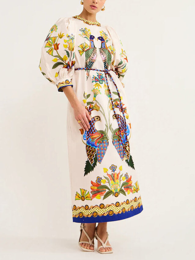 अति सुंदर और मज़ेदार मुद्रित पफ आस्तीन ढीली कैज़ुअल मिडी ड्रेस