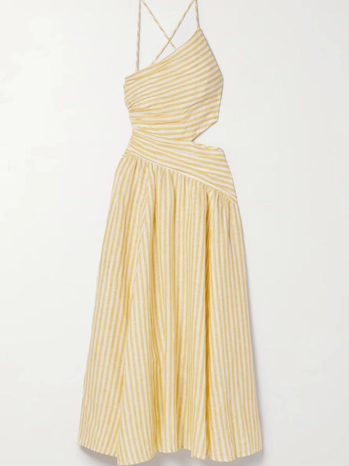 Cascadian Cutout Ruched Striped Midi Dress