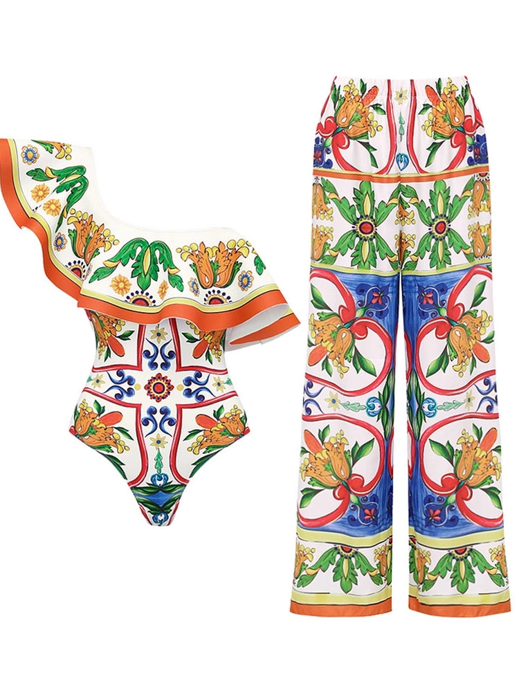 One Shoulder Enamel Print Swimsuit Set