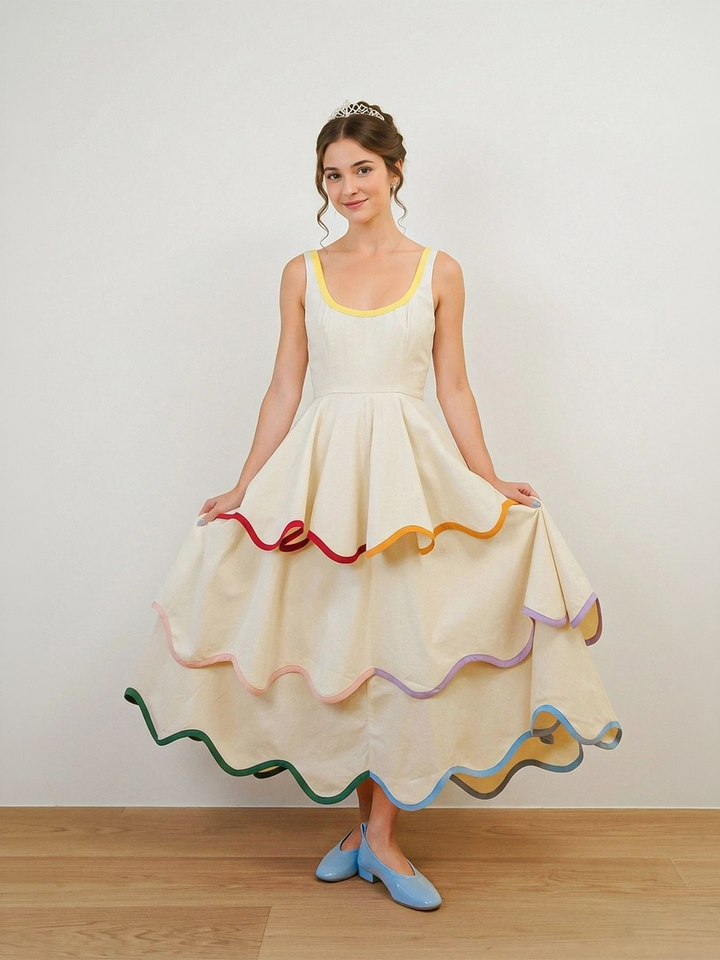 Robe midi évasée à volants avec encolure en U