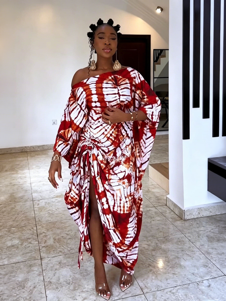 Vestido largo de hombros descubiertos con estampado radial