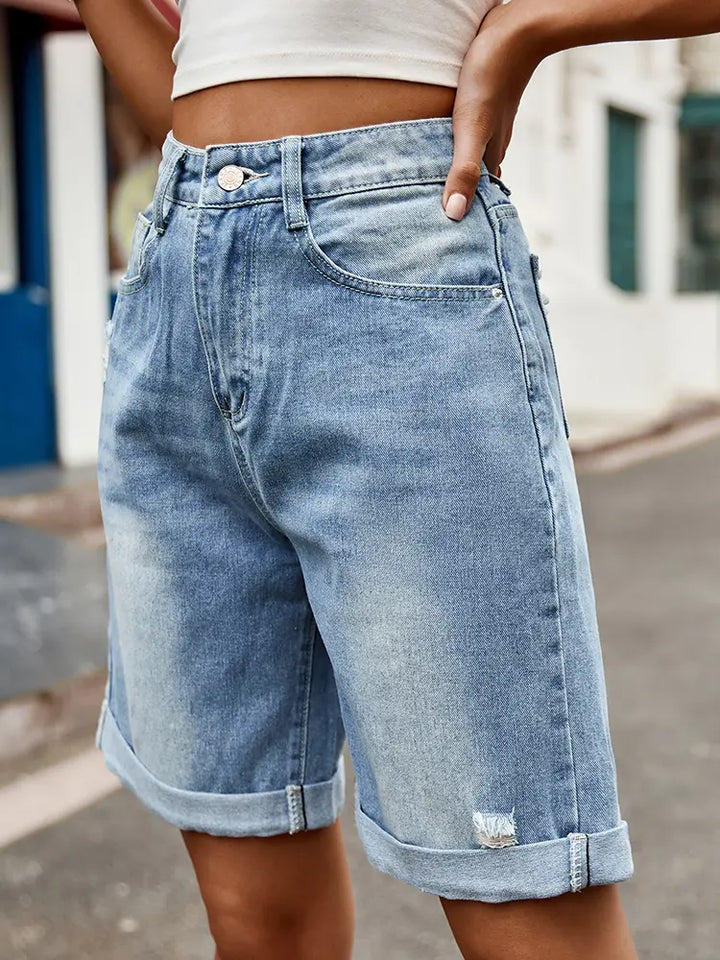 'Distressed Cuffed Denim Bermuda Shorts'