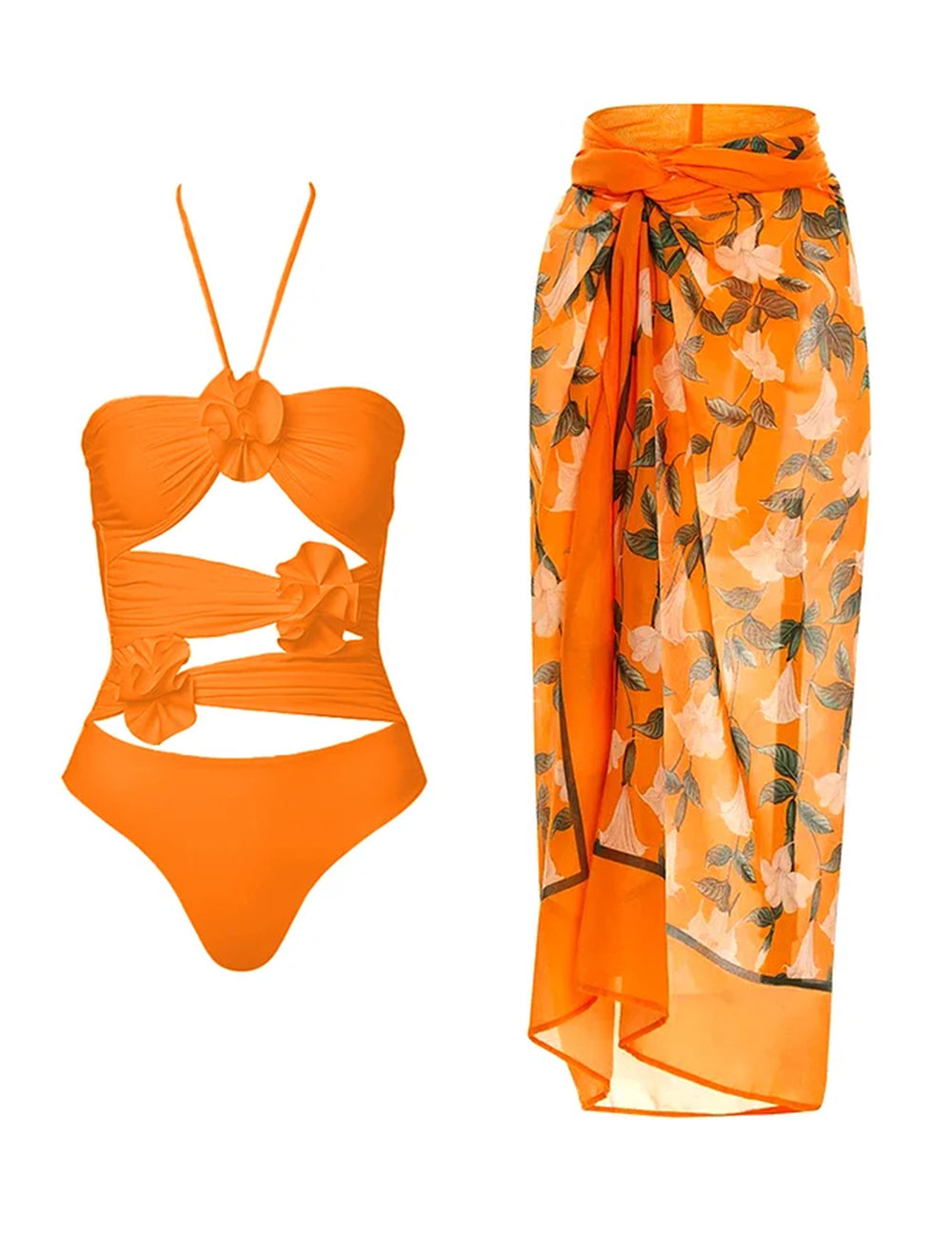 Jednoczęściowy strój kąpielowy i sarong z kwiatowym wzorem 3D i wycięciem na szyi
