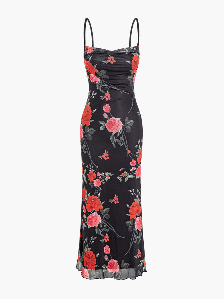 Çiçek Desenli Fileli Spagetti Askılı Maxi Elbise