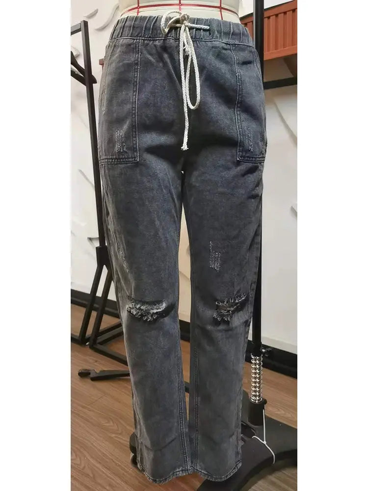 Calças de ganga desgastada com cintura ajustável de cordão para o outono