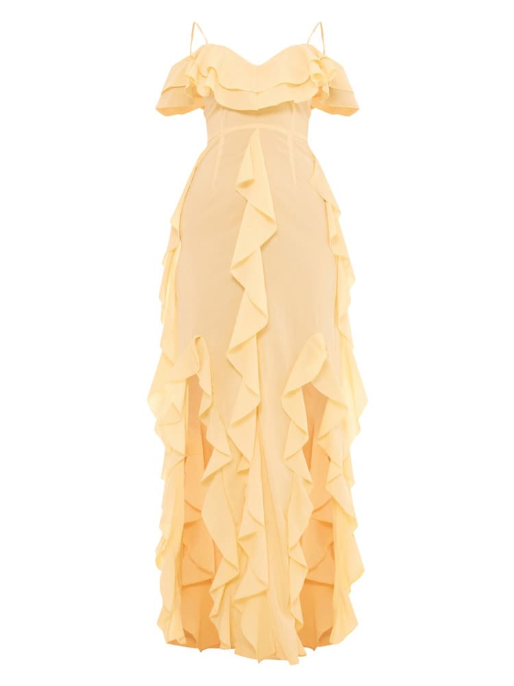 Lemon Cold Shoulder Ruffle Detail Maxi Dress