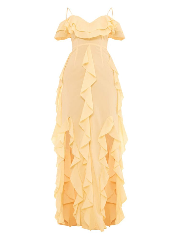 Cytrynowa sukienka maxi z odkrytymi ramionami i falbaną