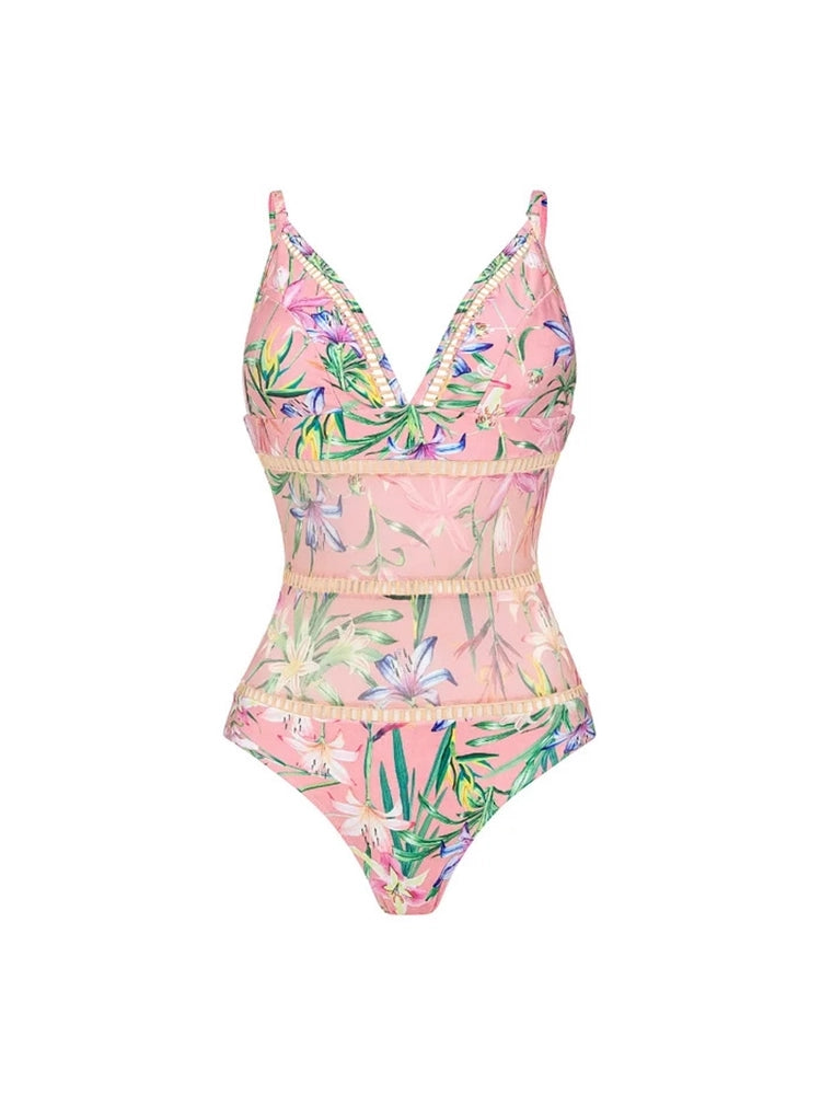 Mesh-Patchwork-Badeanzug-Set mit Print