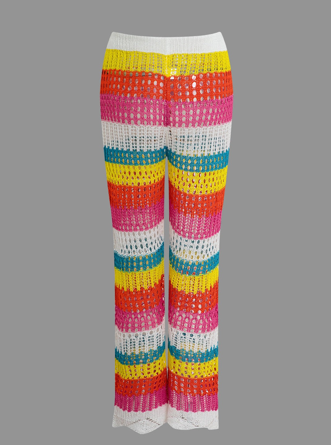 Calças de malha com cordão colorido e crochê oco
