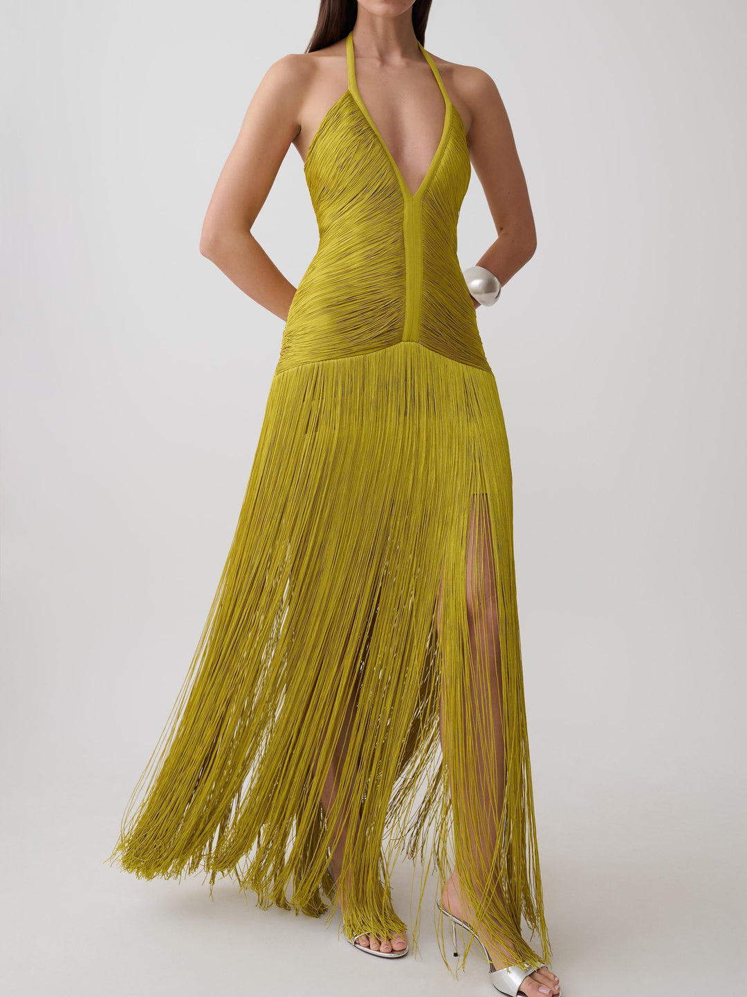 Rochie maxi chartreuse cu franjuri