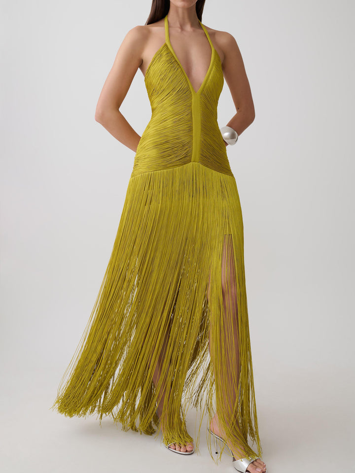 Rochie maxi chartreuse cu franjuri