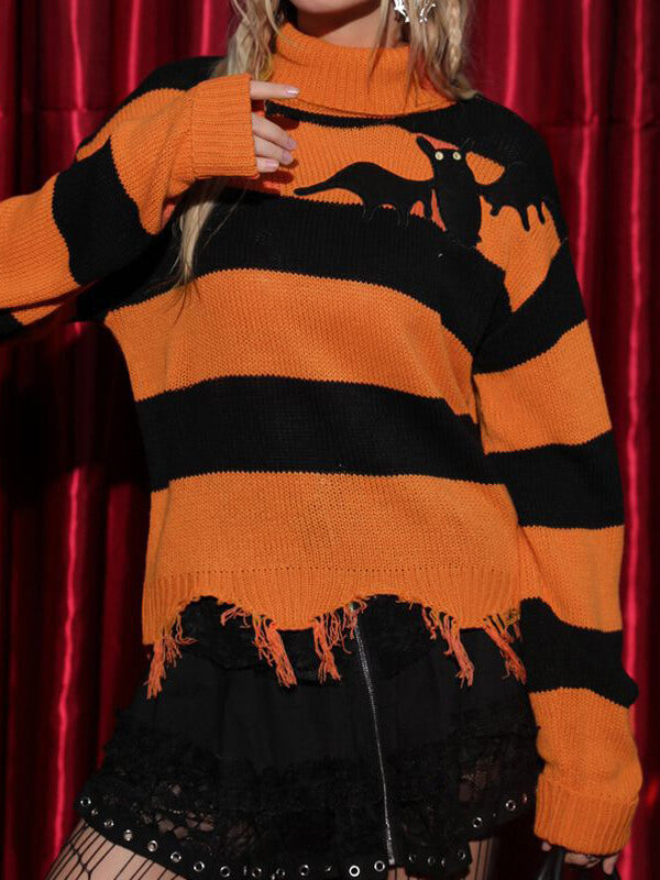 Halloween Cat Stripe Fringe Sweater