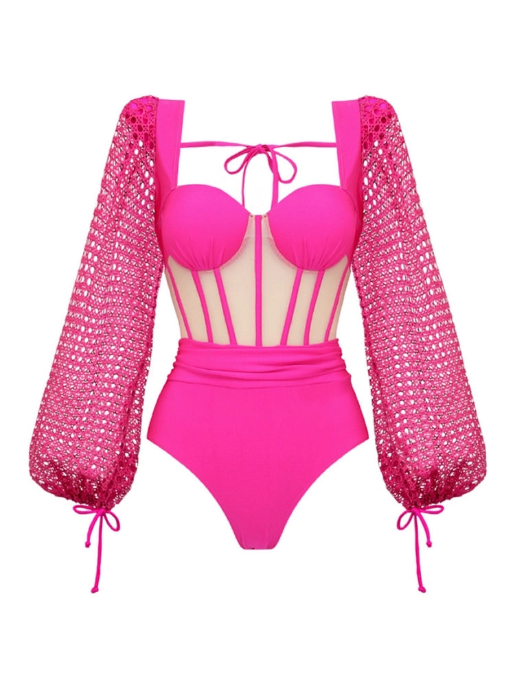 Fluorescent Pink Backless Swimsuit Set