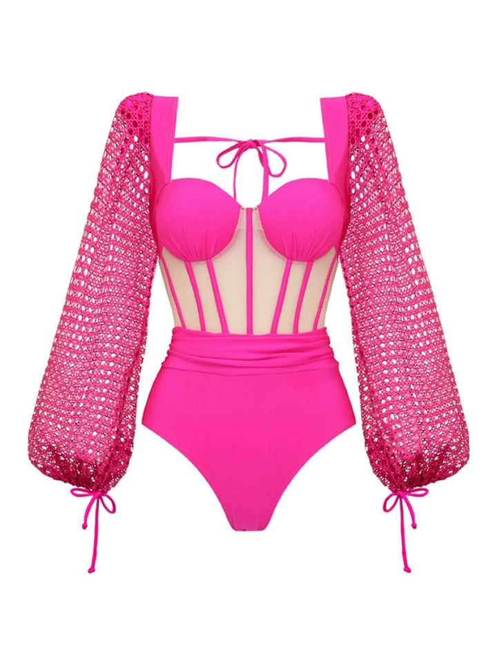 Fluorescent Pink Backless Swimsuit Set