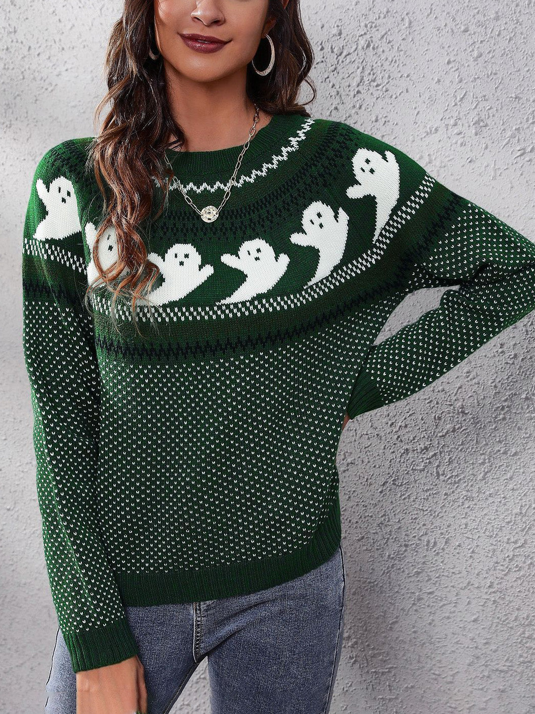 Pull à manches longues rétro à pois Halloween Ghost