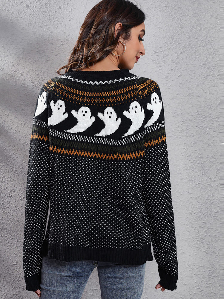 Litterært retro spøgelsesmønster strikket sweater med rund hals