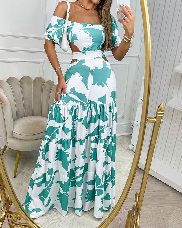 Off-the-shoulder maxi-jurk met print en uitsparingen