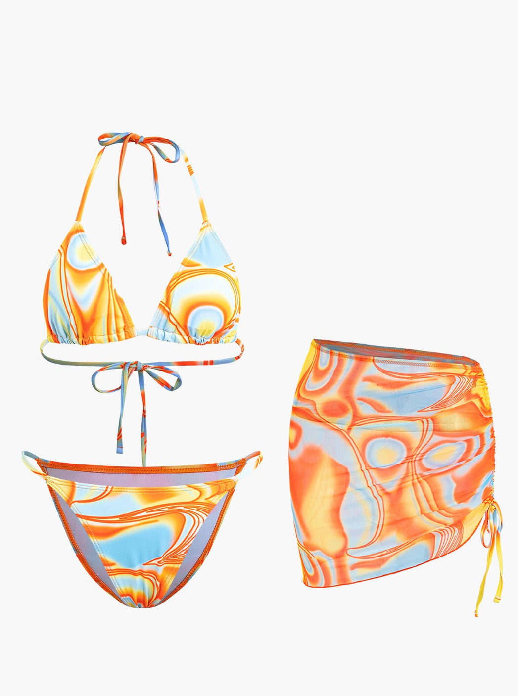 Dreiteilige Neckholder-Bikini-Sets mit abstraktem Print