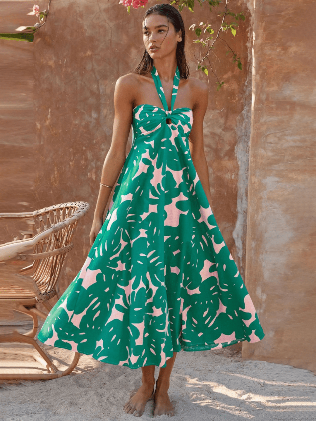Loral Print Halter Maxi Φόρεμα-Πράσινο
