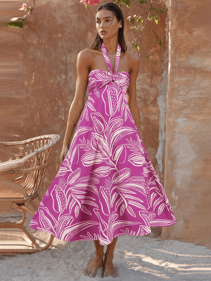 Loral Print Halter Maxi šaty-růžové