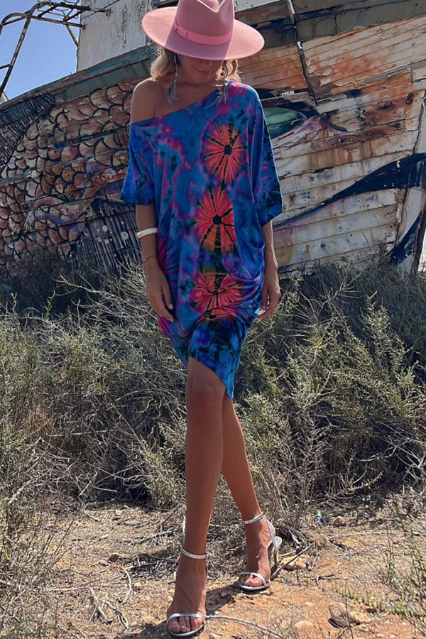 टाई-डाई प्रिंट मिनी ड्रेस स्ट्रेच ओवरसाइज़्ड कफ्तान