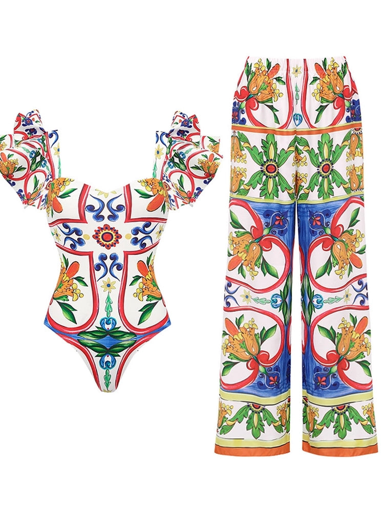 Ruffle Enamel Floral Print Swimsuit Set