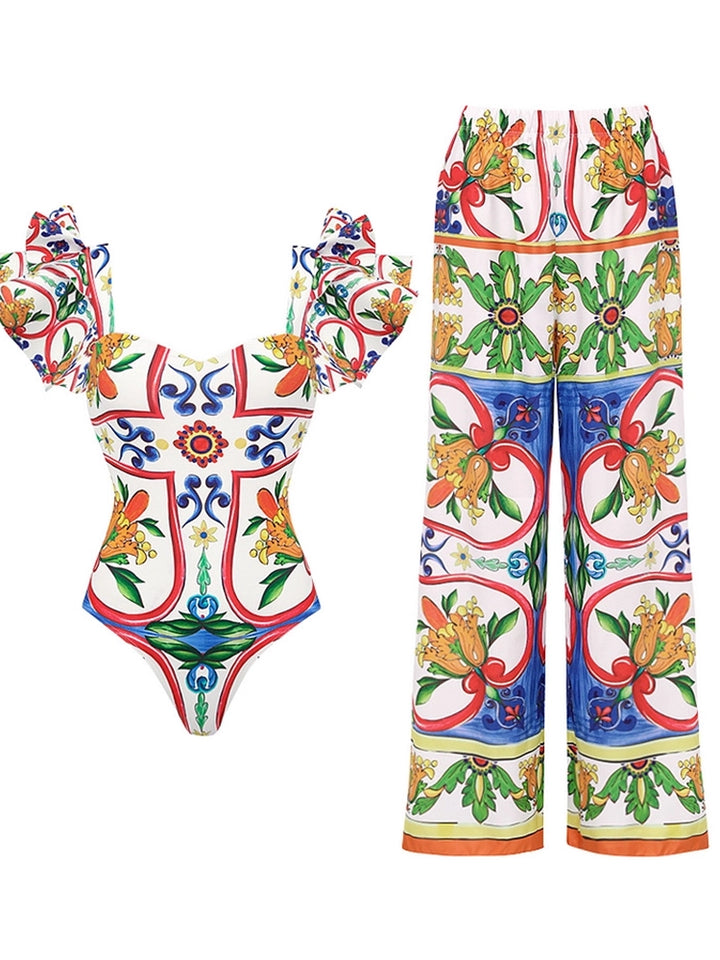 Ruffle Enamel Floral Print Swimsuit Set