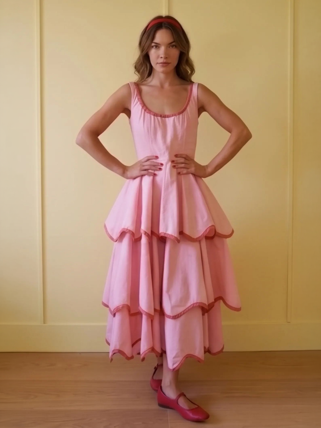 Robe midi évasée à volants avec encolure en U